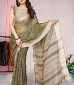 Green Printed Chiffon Saree With Blouse