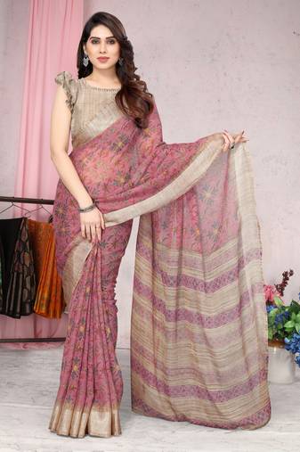 Pink Printed Chiffon Saree With Blouse