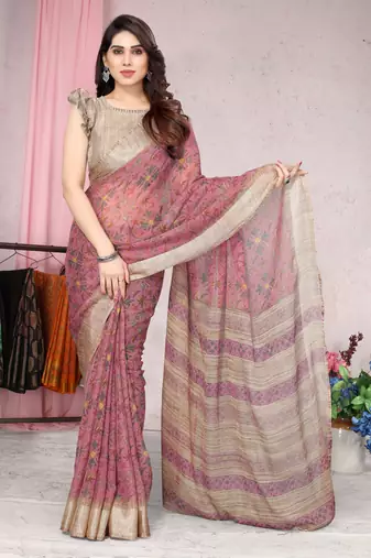 Pink printed chiffon saree with blouse