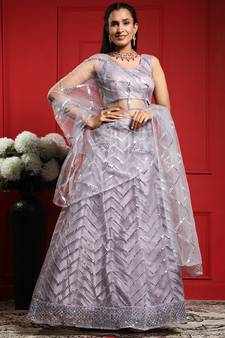 Lavender Embroidered Net Semi Stitched Lehenga Up To 42" Size