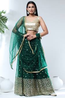 Dark-Green Sequins Net Semi Stitched Lehenga Up To 42" Size