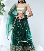 Dark-Green Sequins Net Semi Stitched Lehenga Up To 42" Size