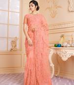 Peach Embroidered Net Saree With Blouse