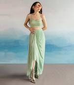 Mint Blue Printed Line Embroidered Bralette With Cowl Skirt And Loose Yellow Embroidered Chitta Work  Jacket