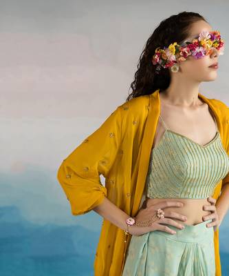 Mint Blue Printed Line Embroidered Bralette With Cowl Skirt And Loose Yellow Embroidered Chitta Work  Jacket 2