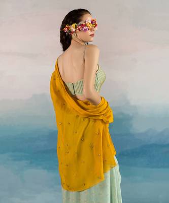 Mint Blue Printed Line Embroidered Bralette With Cowl Skirt And Loose Yellow Embroidered Chitta Work  Jacket 3