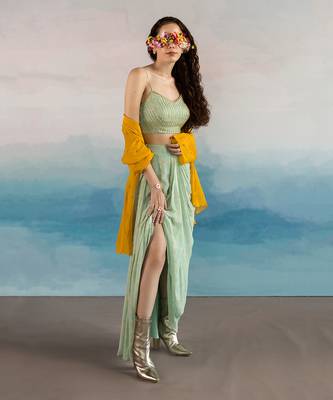 Mint Blue Printed Line Embroidered Bralette With Cowl Skirt And Loose Yellow Embroidered Chitta Work  Jacket 4
