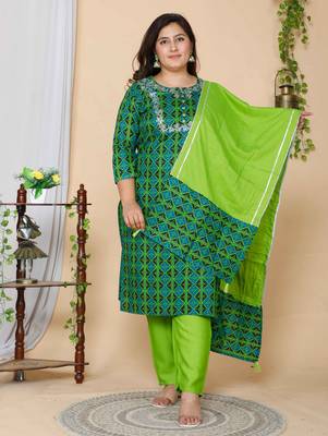 Women's plus size festive wear ethnic embroidery Straight kurta and pant with Dupatta 1