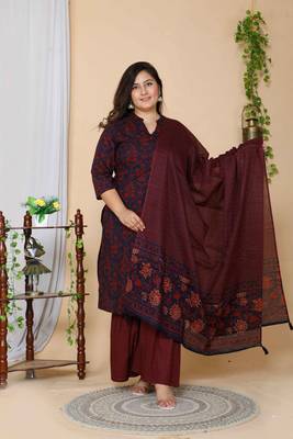Women Plus Size Maroon Floral Printed Cotton Kurta with Sharara & With Dupatta 1