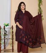 Women Plus Size Maroon Floral Printed Cotton Kurta with Sharara & With Dupatta