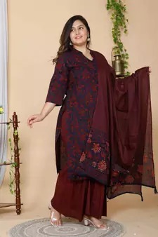 Women Plus Size Maroon Floral Printed Cotton Kurta with Sharara & With Dupatta