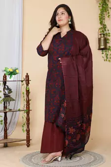 Women Plus Size Maroon Floral Printed Cotton Kurta with Sharara & With Dupatta