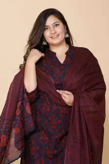 Women Plus Size Maroon Floral Printed Cotton Kurta with Sharara & With Dupatta
