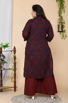 Women Plus Size Maroon Floral Printed Cotton Kurta with Sharara & With Dupatta