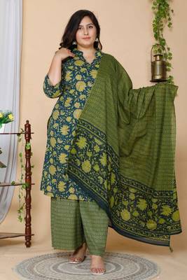 Women Plus Size Green Floral Printed Cotton Kurta with Sharara & With Dupatta 1