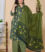 Women Plus Size Green Floral Printed Cotton Kurta with Sharara & With Dupatta