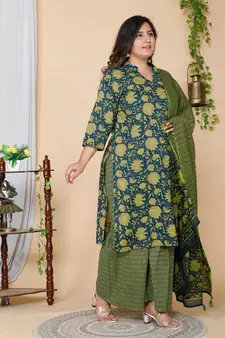 Women Plus Size Green Floral Printed Cotton Kurta with Sharara & With Dupatta