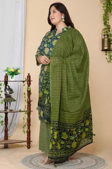 Women Plus Size Green Floral Printed Cotton Kurta with Sharara & With Dupatta