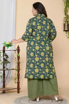 Women Plus Size Green Floral Printed Cotton Kurta with Sharara & With Dupatta