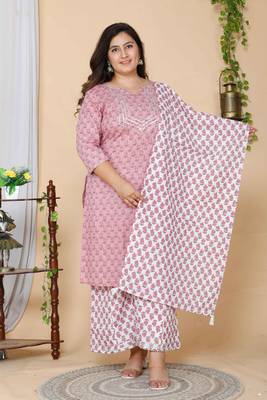 Women Plus Size Pink Floral Printed Gotta Patti Cotton Kurta with Palazzos & With Dupatta 1