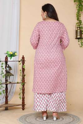Women Plus Size Pink Floral Printed Gotta Patti Cotton Kurta with Palazzos & With Dupatta 2