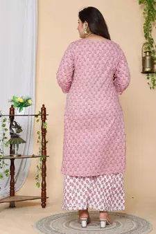 Women Plus Size Pink Floral Printed Gotta Patti Cotton Kurta with Palazzos & With Dupatta