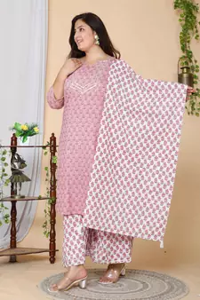 Women Plus Size Pink Floral Printed Gotta Patti Cotton Kurta with Palazzos & With Dupatta
