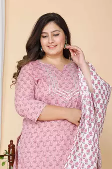 Women Plus Size Pink Floral Printed Gotta Patti Cotton Kurta with Palazzos & With Dupatta