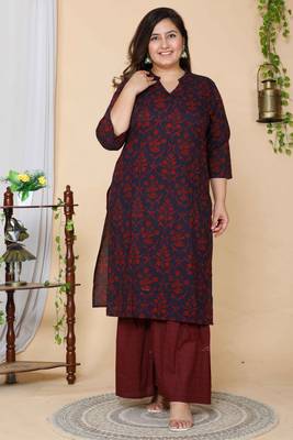 Women Plus Size Maroon Floral Printed Cotton Kurta with Sharara 1