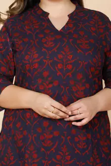 Women Plus Size Maroon Floral Printed Cotton Kurta with Sharara