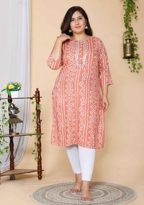 Women Plus Size Peach-Coloured Bandhani Embroidered Kurti 1