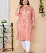 Women Plus Size Peach-Coloured Bandhani Embroidered Kurti