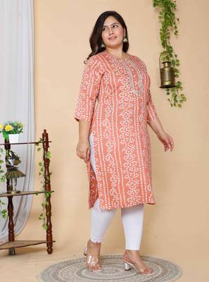 Women Plus Size Peach-Coloured Bandhani Embroidered Kurti 2