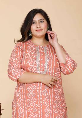 Women Plus Size Peach-Coloured Bandhani Embroidered Kurti 5
