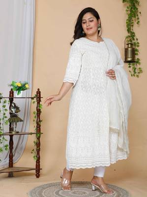 Women Plus Size Cream-Coloured Chikankari Thread Work Anarkali Kurta with Dupatta 2