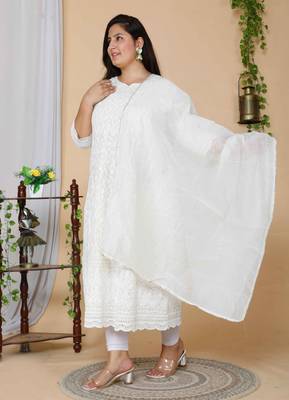 Women Plus Size Cream-Coloured Chikankari Thread Work Anarkali Kurta with Dupatta 3