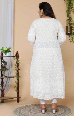 Women Plus Size Cream-Coloured Chikankari Thread Work Anarkali Kurta with Dupatta 5