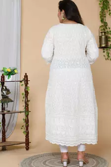 Women Plus Size Cream-Coloured Chikankari Thread Work Anarkali Kurta with Dupatta