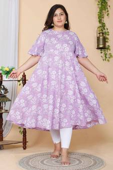 Women Plus Size  Lavender Floral Printed Flared Sleeves Anarkali Kurta