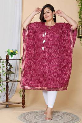 Women Plus Size Magenta Bandhani Printed Cotton Kaftan Kurta 1