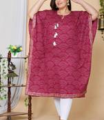 Women Plus Size Magenta Bandhani Printed Cotton Kaftan Kurta