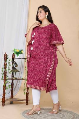 Women Plus Size Magenta Bandhani Printed Cotton Kaftan Kurta 3