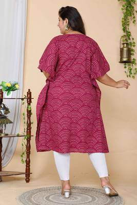 Women Plus Size Magenta Bandhani Printed Cotton Kaftan Kurta 4