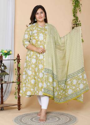 Women Yellow Plus Size Floral Printed Anarkali Kurta with dupatta 1