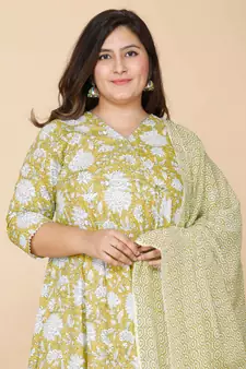 Women Yellow Plus Size Floral Printed Anarkali Kurta with dupatta