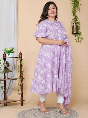 Women Plus Size  Lavender Floral Printed Flared Sleeves Anarkali Kurta with dupatta 2