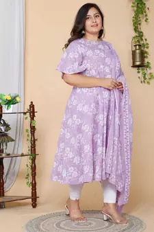 Women Plus Size  Lavender Floral Printed Flared Sleeves Anarkali Kurta with dupatta