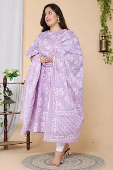 Women Plus Size  Lavender Floral Printed Flared Sleeves Anarkali Kurta with dupatta