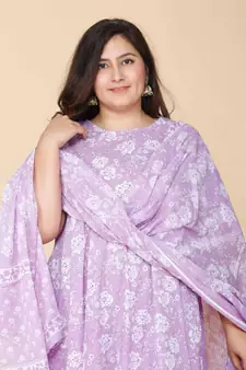 Women Plus Size  Lavender Floral Printed Flared Sleeves Anarkali Kurta with dupatta