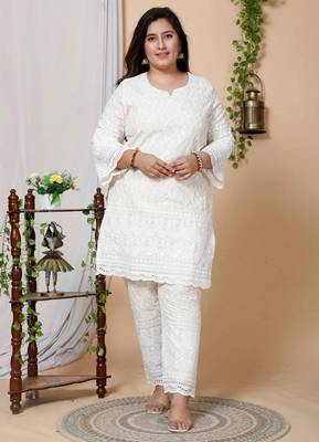Women Plus Size Cream-Coloured Chikankari Thread Work Kurta with Palazzo 1